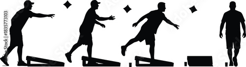 Cornhole game silhouette sequence showing player tossing bean bags, outdoor lawn game action illustration for sports, recreation, competition and leisure design