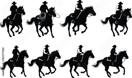 Cowboy riding horse silhouette collection showing dynamic western riders in motion, ranch culture, rodeo action, equestrian figures for stock illustration design