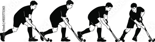 Field hockey player silhouette sequence showing ball control and stick movement, sports action illustration for athletic training, competition, teamwork and outdoor game concepts