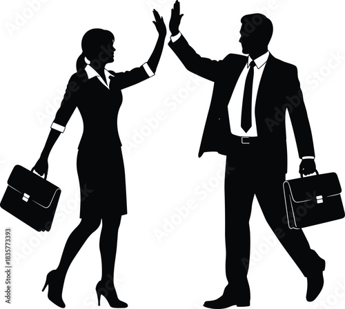 Silhouette of business man and woman giving high five, symbolizing teamwork, success, partnership, motivation, collaboration, achievement, unity, corporate celebration