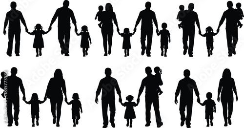 Silhouettes of diverse families walking together holding hands, parents with children, unity, love, parenting relationships for design, illustration, community projects