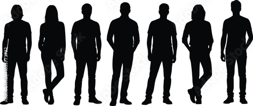 Silhouettes of seven standing adults in casual clothing, diverse people group posing confidently, modern human figures for design and illustration use