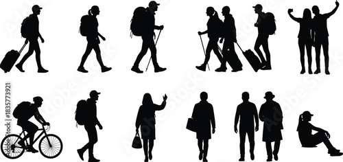 Traveler silhouettes walking, hiking, cycling, carrying luggage, exploring destinations, tourist couples and solo adventurers, outdoor journey lifestyle poses, vacation travel illustration artwork