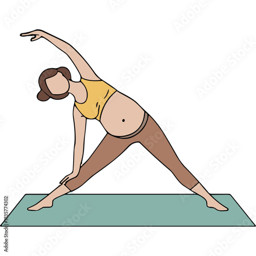 Pregnant Woman Doing Triangle Pose Yoga on Teal Mat in Yellow Top and Brown Pants with Black Background