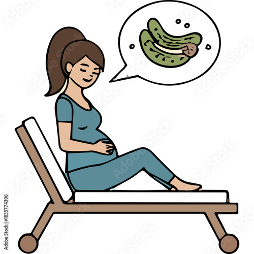 Pregnant Woman Daydreaming About Pickles While Relaxing on a Lounge Chair Wearing Blue Maternity Clothes
