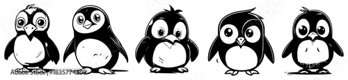 Set of cute cartoon penguin characters in different poses vector illustration