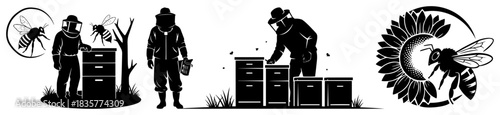 Beekeeping and honey production silhouette icons vector set
