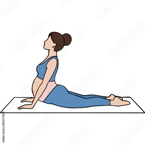 Pregnant woman in blue yoga outfit performing cobra pose on white mat with black background focus on abdominal stretch and back flexibility exercise health and wellness activity