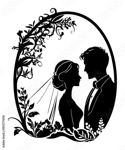 Wedding couple bride and groom silhouette in floral frame vector illustration