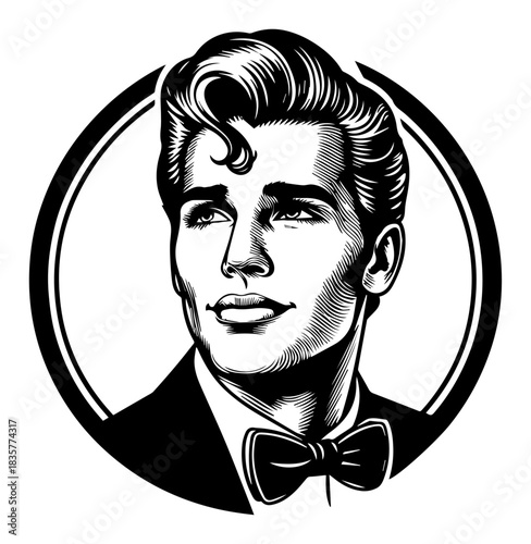 Handsome retro man portrait with bow tie in circle frame vector illustration