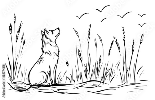Dog sitting in grass field looking at flying birds vector sketch