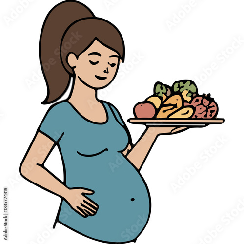 Pregnant Woman Holding Plate of Fresh Fruits and Vegetables Healthy Eating During Pregnancy Nourishment and Wellness Blue Shirt and Brown Hair Ponytail Simple Illustration Style