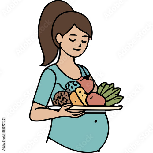 Pregnant Woman Holding Tray of Fresh Fruits and Vegetables with Eyes Closed in Calm Pose