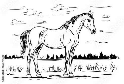 Horse standing in nature landscape field vector sketch illustration