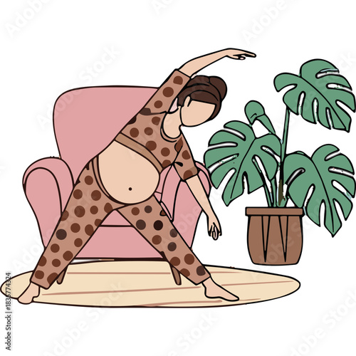 Pregnant woman in polka dot pajamas performs triangle pose yoga beside a plush armchair and a potted monstera plant on a wooden floor with soft lighting