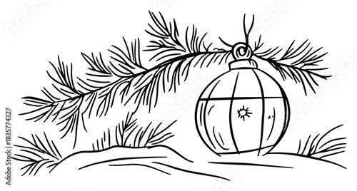 Christmas pine branch with hanging bauble ornament vector sketch illustration