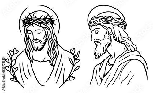 Set of Jesus Christ portraits with crown of thorns vector sketch