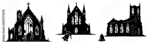 Set of haunted gothic church silhouettes for Halloween design vector illustration