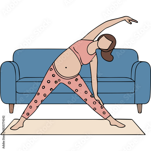 Pregnant Woman in Pink Pajamas Practicing Triangle Pose Yoga on a Mat in Front of a Blue Sofa Indoor Scene Gentle Stretch