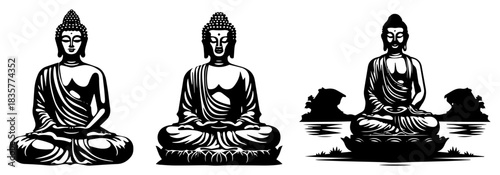 Set of sitting Buddha silhouette meditation icons vector illustration