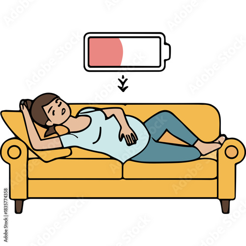 Pregnant Woman Lies Exhausted On A Couch With A Low Battery Indicator Above Her Head Symbolizing Fatigue And Low Energy During Pregnancy Healthcare Concept