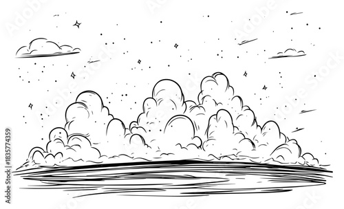 Dreamy night sky with clouds and stars over water vector sketch landscape