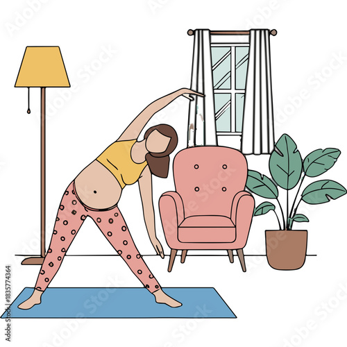 Pregnant Woman in Yellow Top and Pink Patterned Pants Performing Triangle Pose Yoga on Blue Mat in Living Room with Pink Chair and Plant Near Window Lamp
