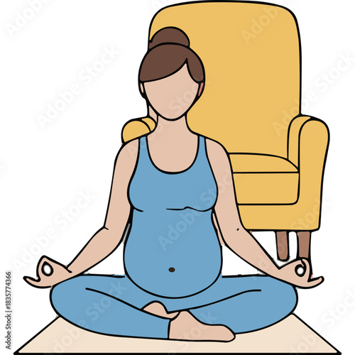 Pregnant Woman Meditating In Lotus Pose Wearing Blue Athletic Wear Sitting On Yoga Mat In Front Of Yellow Armchair Calm Mind And Body Relaxation Healthy Lifestyle And Wellness