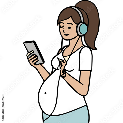 Pregnant Woman Listening To Music On Phone Wearing Headphones Smiling With Eyes Closed Wearing White T Shirt And Blue Pants Isolated On Black Background