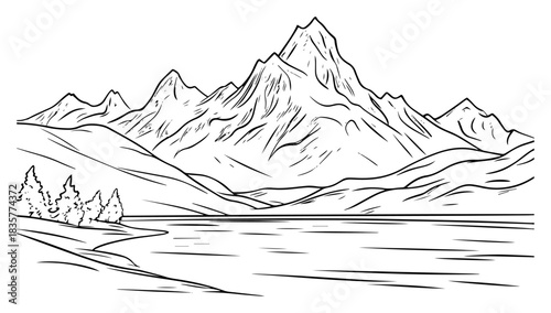 Mountain landscape with lake and pine forest hand drawn vector line art sketch