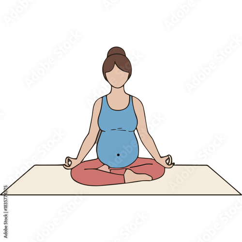 Pregnant Woman Meditating in Lotus Pose Wearing Blue Tank Top and Red Pants on a Yoga Mat with a Black Background