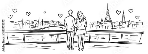 Romantic couple looking at city skyline view with hearts vector sketch