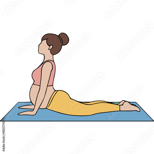Pregnant Woman Performing Cobra Pose Yoga on Blue Mat Yellow Leggings and Pink Top in Studio with Black Background