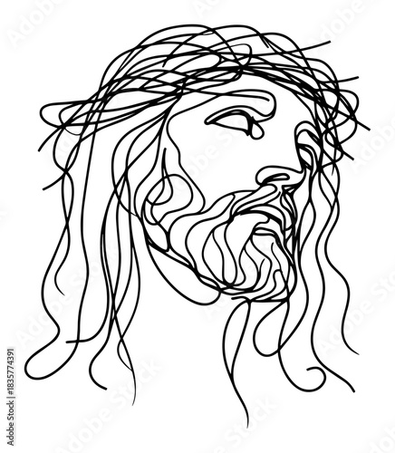 Jesus Christ face with crown of thorns continuous line art vector portrait