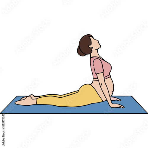 Pregnant Woman Performing Cobra Pose Yoga on Blue Mat in Soft Pink Top and Yellow Leggings Against Black Background