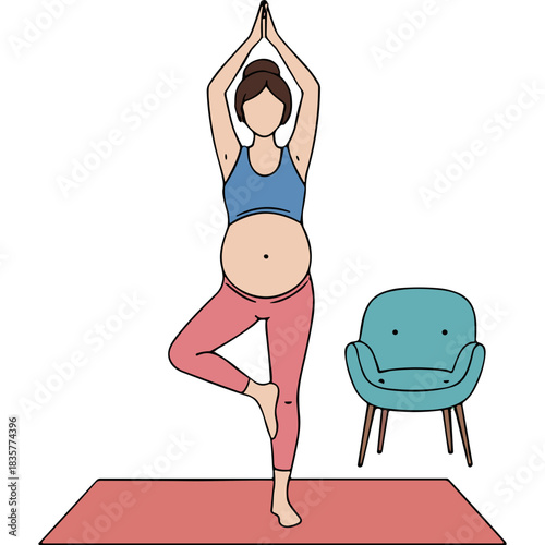 Pregnant Woman Practicing Tree Pose Yoga on a Pink Mat Indoors Wearing a Blue Sports Bra and Pink Leggings Peaceful Serene Atmosphere