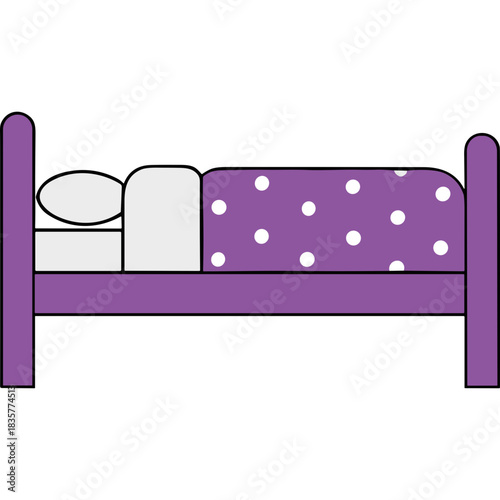 Purple Bed With White Polka Dot Duvet and Pillow on a Black Background Simple Cartoon Style Illustration
