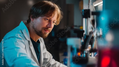 Cutting-Edge DNA Sequencing Researcher in High-Security Lab - Cinematic Lighting POV Shot with Minimal Composition