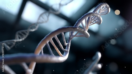 Illuminating Biotech: Close-Up of DNA Strands on Digital Screen with Bokeh Effect and Leading Lines