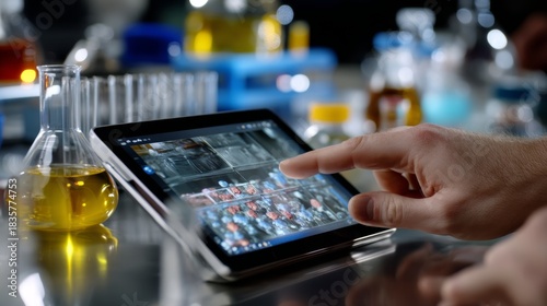 Medical Scientist Analyzing Lab Results on Tablet in Biotech Research Center, Wide Shot with Bokeh Effect, Dramatic Composition