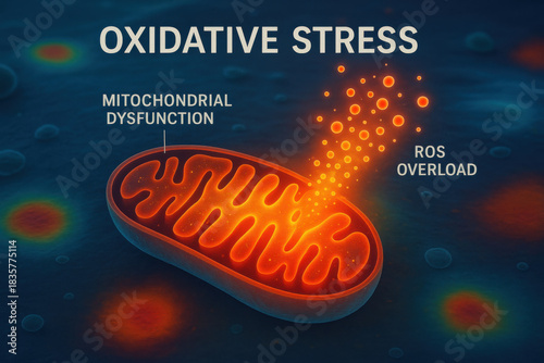 Medical visualization showing oxidative stress and cellular damage. mitochondrion in state of dysfunction experiencing ROS overload. biology graphic of stressed cell