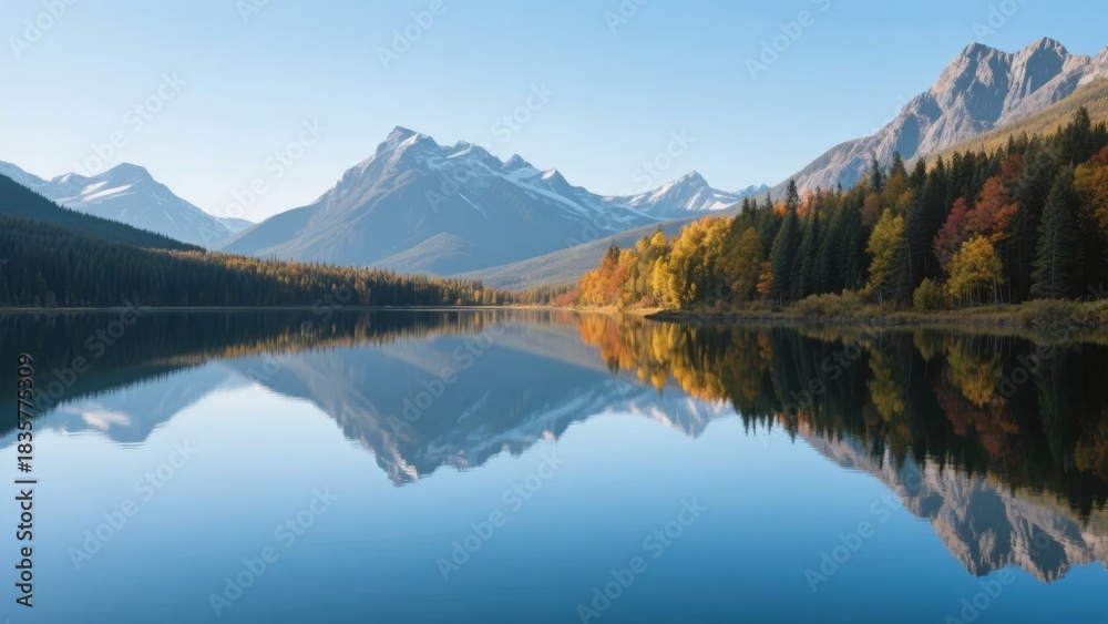 Naklejka premium Serene mountain lake reflecting autumn forest and snow-capped peaks under clear blue sky