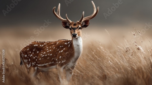 Majestic axis deer standing in a field of golden grass, serene wildlife portrait