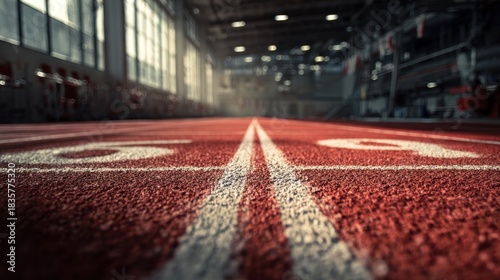 Indoor Athletics Track Perspective with Lanes and Numbers for Sports