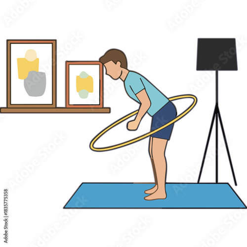 Man Exercising with Hoop on Blue Mat in a Room with Artwork and Lamp