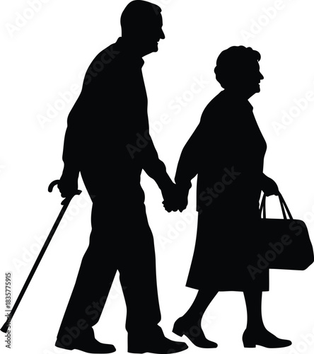 Elderly couple holding hands walking with cane senior lifestyle companionship silhouette vector illustration vector