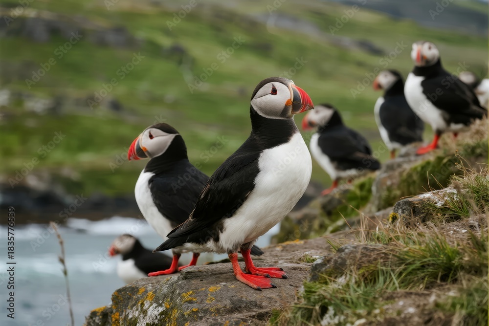 Naklejka premium Atlantic puffins standing on rocky cliffs near the ocean, with green hills in the background
