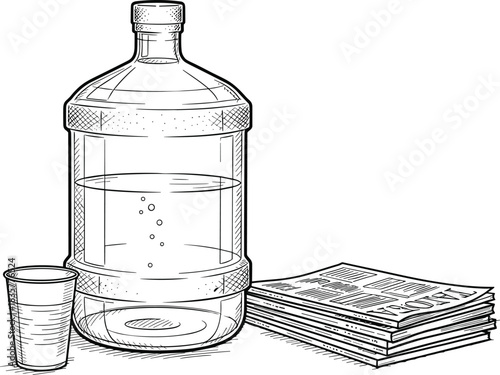 Water jug, newspaper stack, disposable cup, hydration concept, morning routine, blue sketch, minimal style, clean composition, textured bottle, bubbles rising, press headlines, paper cup