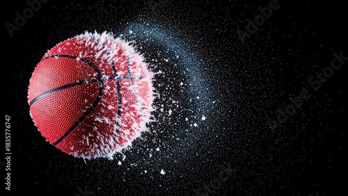 Red basketball splashing water in motion against a black background  