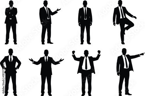Businessmen Silhouettes in Various Professional Poses Showing Confident Gestures, Body Language, and Corporate Attitudes for Stock Photography Use